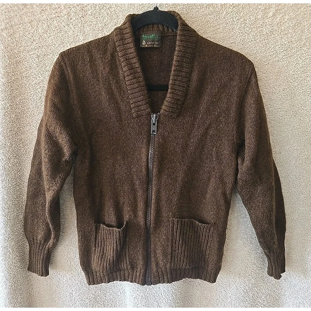 Ansett Pure New Wool Fullzip Cardigan Sweater Dark Brown‎ Tag Says 16 (Fits Med)